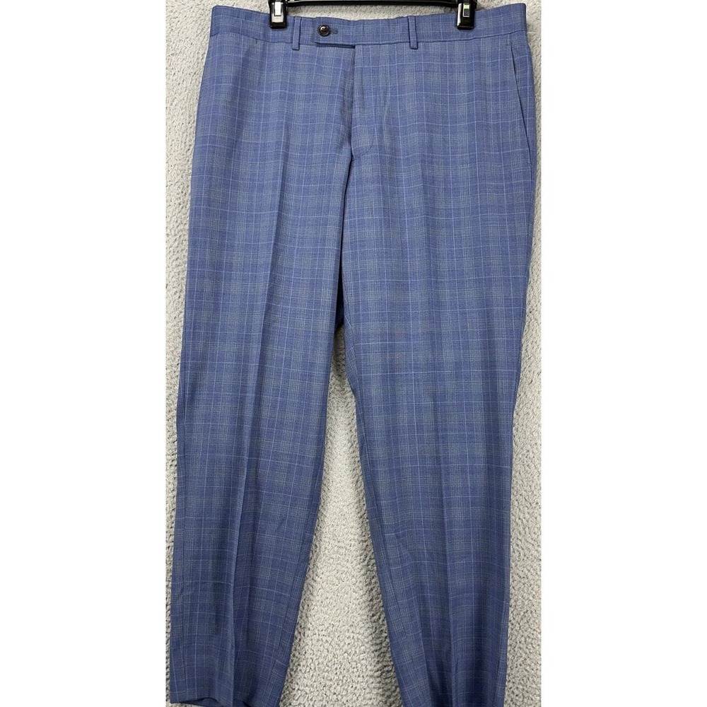 Ted Baker Pants Mens 37R Jay Blue Check Wool Blend Dress Flat Front Straight NEW